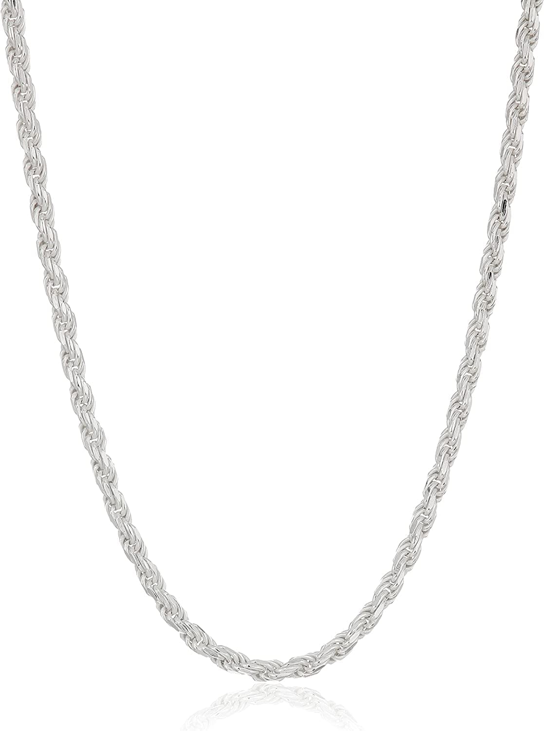 Essentials Gold or Rhodium Plated Sterling Silver Diamond Cut Rope Chain Necklace Sterling Silver / 14" Length