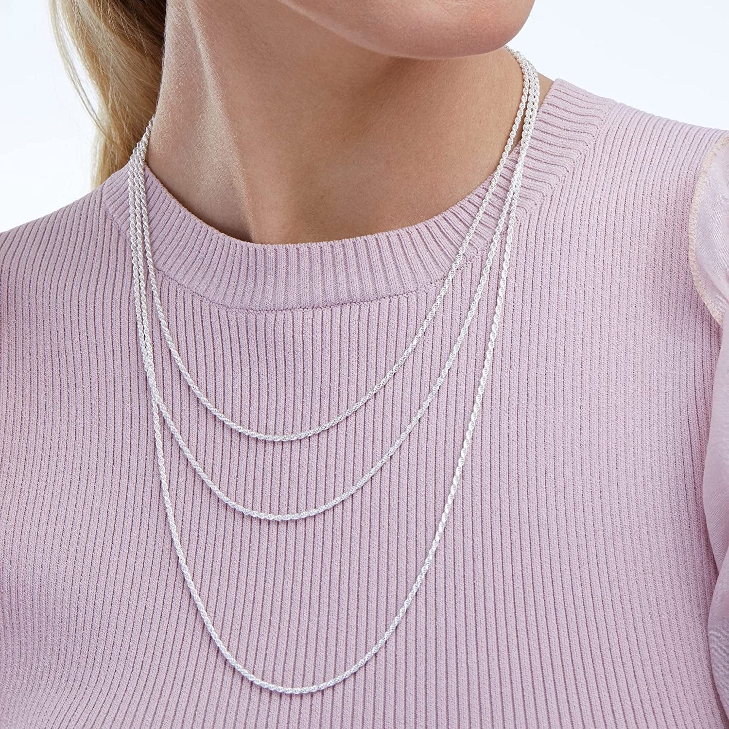 Essentials Gold or Rhodium Plated Sterling Silver Diamond Cut Rope Chain Necklace