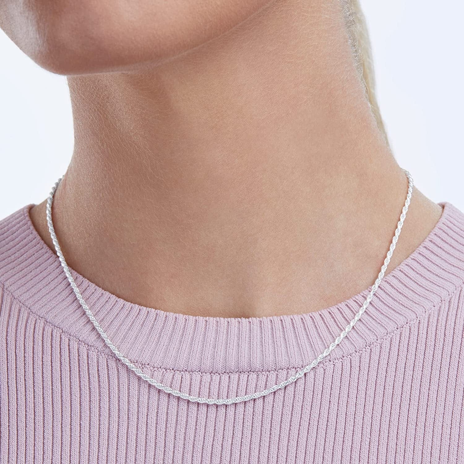 Essentials Gold or Rhodium Plated Sterling Silver Diamond Cut Rope Chain Necklace