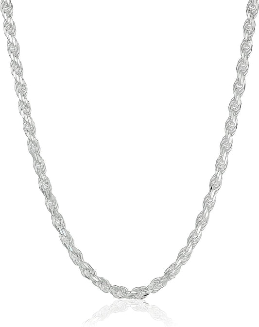 Essentials Gold or Rhodium Plated Sterling Silver Diamond Cut Rope Chain Necklace Sterling Silver / 16" Length