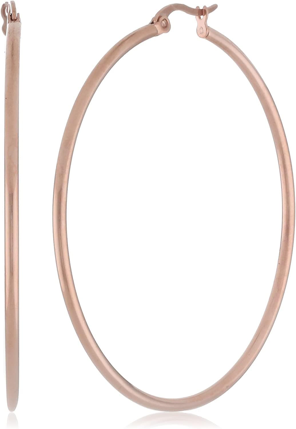 Essentials Plated Stainless Steel Rounded Tube Hoop Earrings Rose Gold Plated Stainless Steel / 50mm