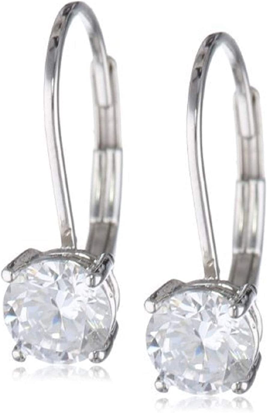 Essentials Plated Sterling Silver Cubic Zirconia Leverback Earrings (Round & Princess) Platinum Plated Sterling Silver / Round Cut / 5mm
