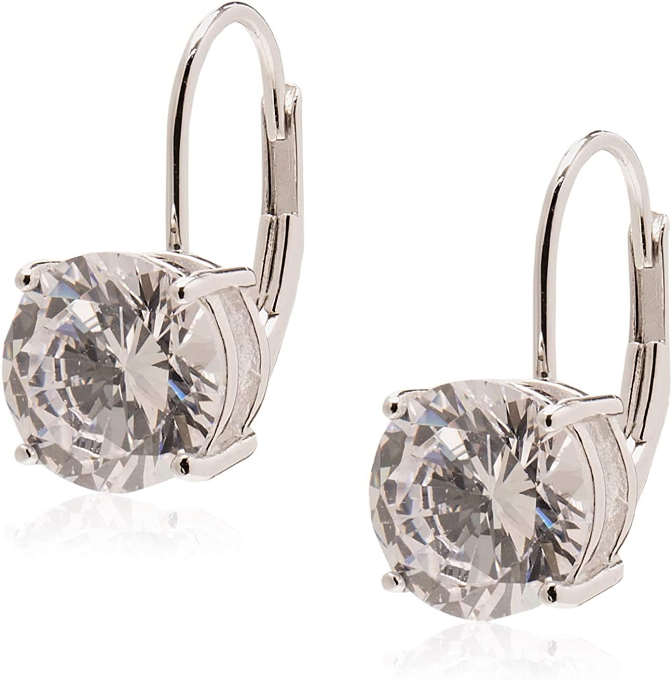 Essentials Plated Sterling Silver Cubic Zirconia Leverback Earrings (Round & Princess) Platinum Plated Sterling Silver / Round Cut / 7.5mm