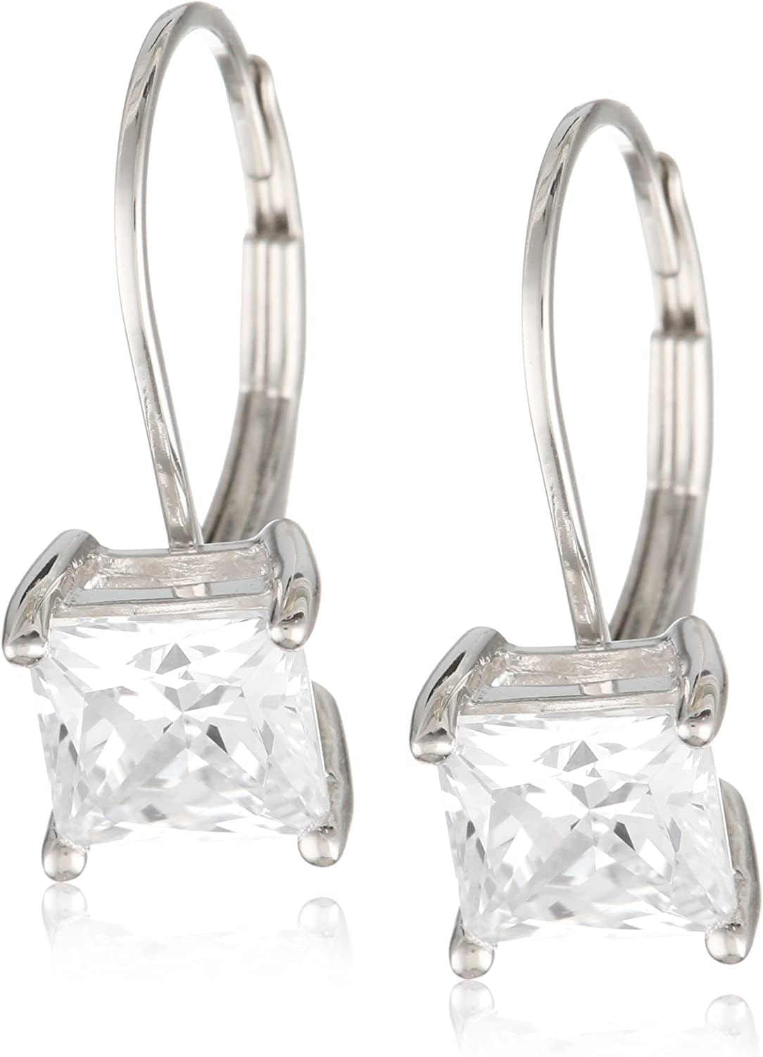 Essentials Plated Sterling Silver Cubic Zirconia Leverback Earrings (Round & Princess) Platinum Plated Sterling Silver / Princess Cut / 5.5mm