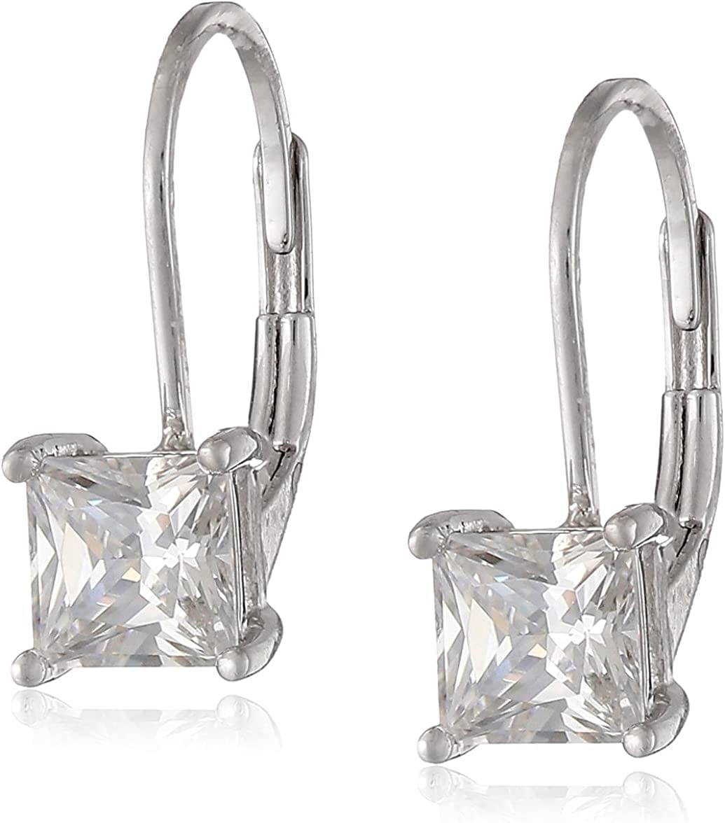 Essentials Plated Sterling Silver Cubic Zirconia Leverback Earrings (Round & Princess) Platinum Plated Sterling Silver / Princess Cut / 5mm