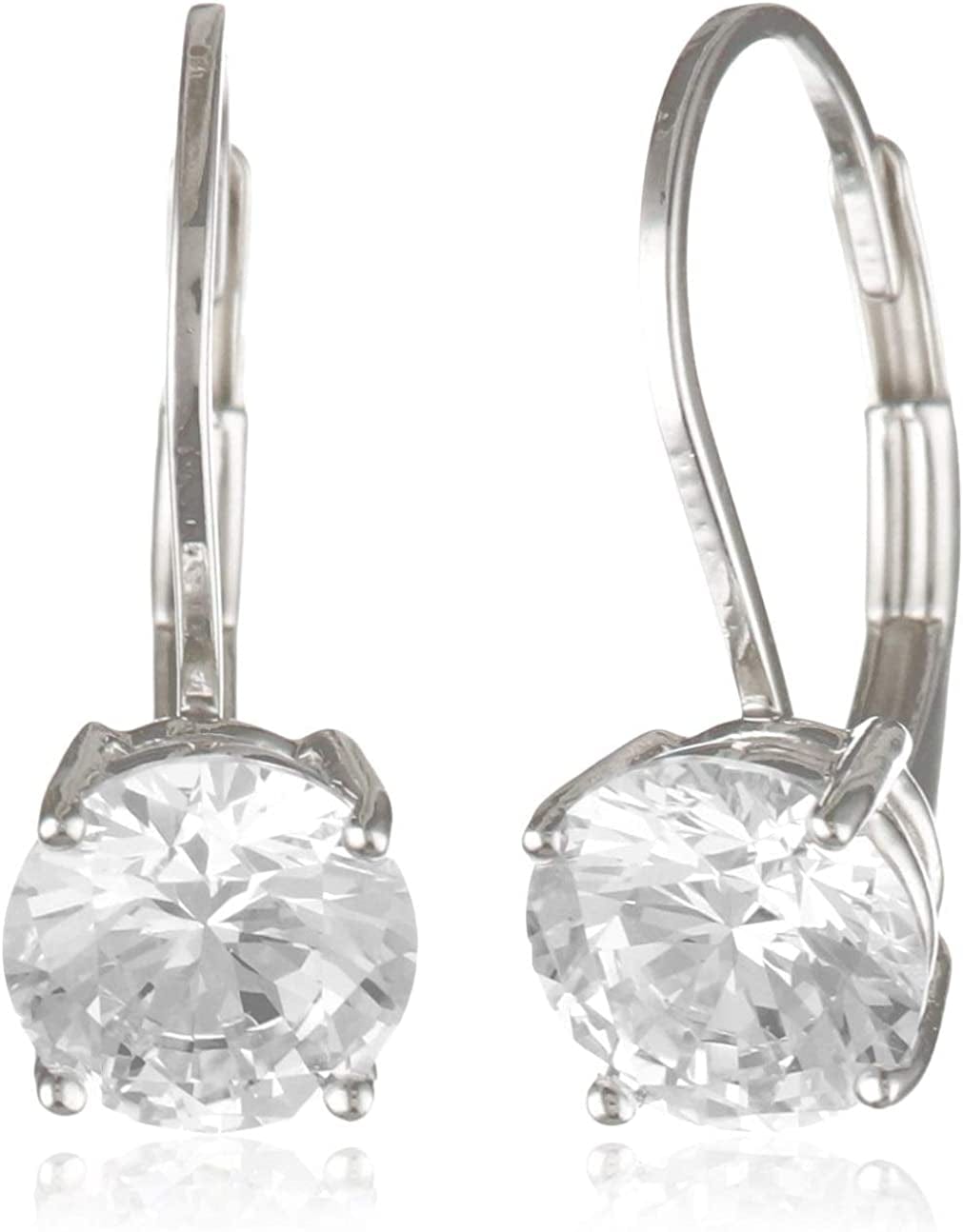 Essentials Plated Sterling Silver Cubic Zirconia Leverback Earrings (Round & Princess) Platinum Plated Sterling Silver / Round Cut / 6.5mm