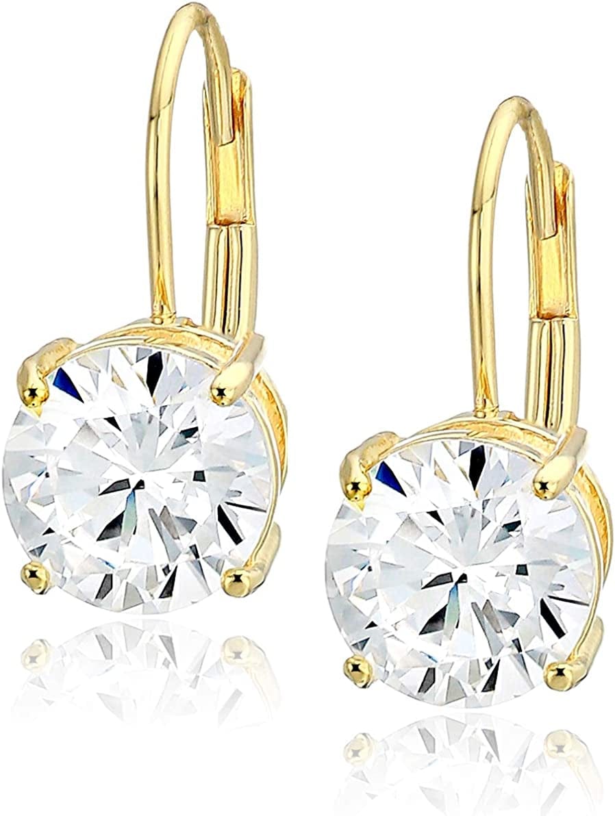 Essentials Plated Sterling Silver Cubic Zirconia Leverback Earrings (Round & Princess) Yellow Gold Plated Sterling Silver / Round Cut / 7.5mm