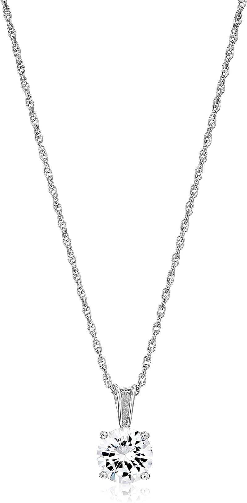 Essentials Plated Sterling Silver Cubic Zirconia round Cut Solitaire Pendant Necklace, 18" Platinum Plated Sterling Silver / 8mm