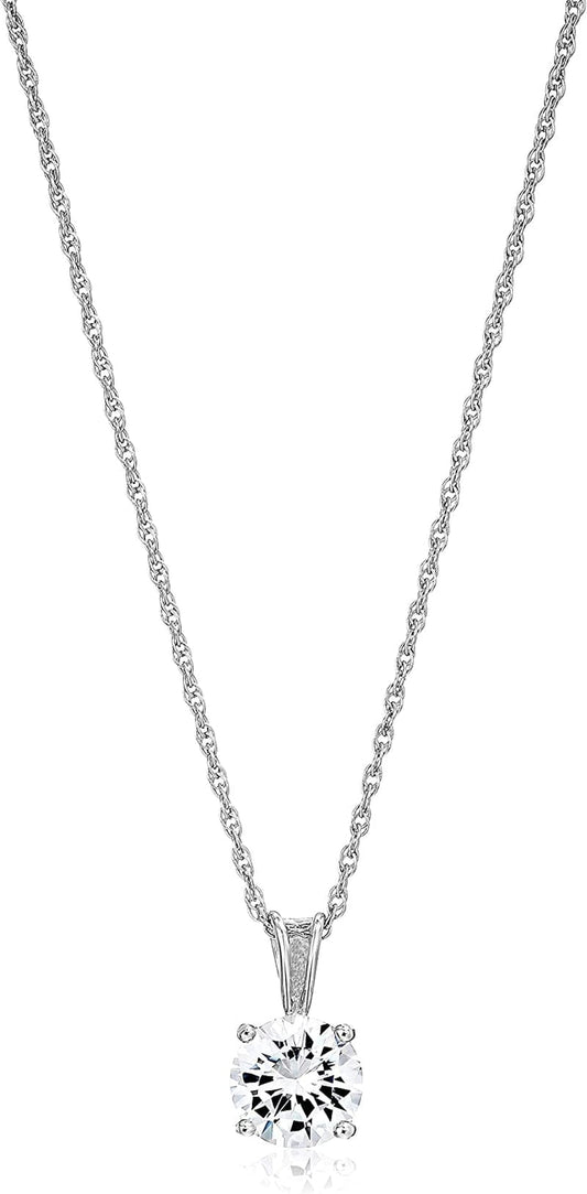 Essentials Plated Sterling Silver Cubic Zirconia round Cut Solitaire Pendant Necklace, 18" Platinum Plated Sterling Silver / 8mm
