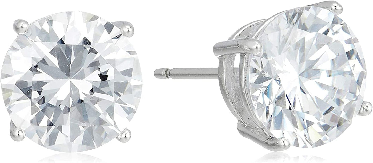 Essentials Plated Sterling Silver Cubic Zirconia Stud Earrings (Round & Princess) Silver/White / Round Cut / 8.5mm
