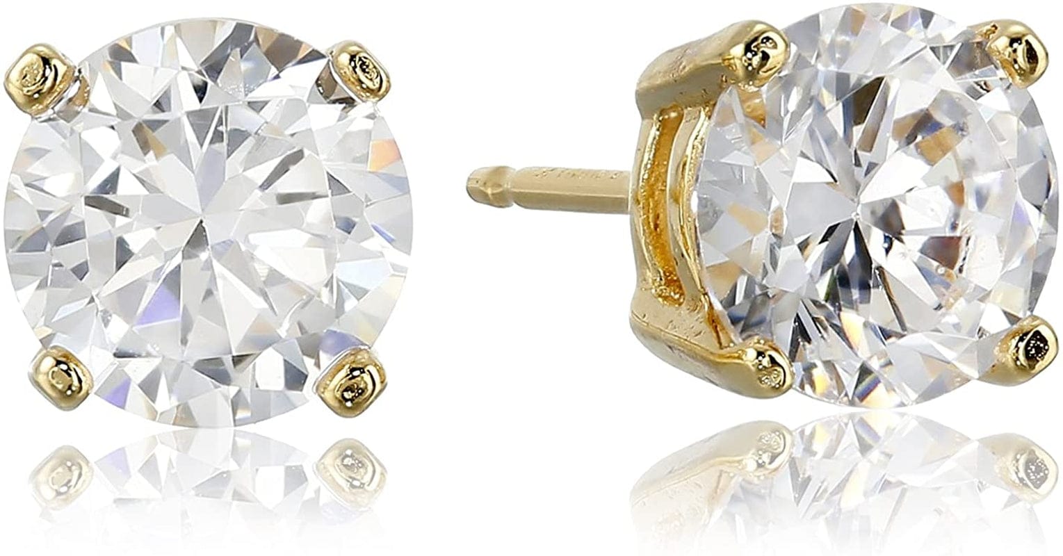 Essentials Plated Sterling Silver Cubic Zirconia Stud Earrings (Round & Princess) Yellow Gold/White / Round Cut / 6.5mm