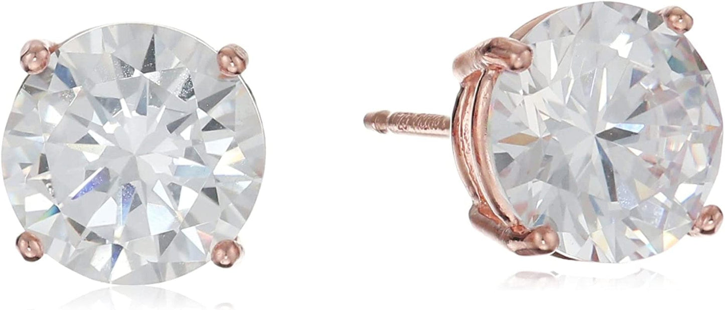 Essentials Plated Sterling Silver Cubic Zirconia Stud Earrings (Round & Princess) Rose Gold/White / Round Cut / 7.5mm