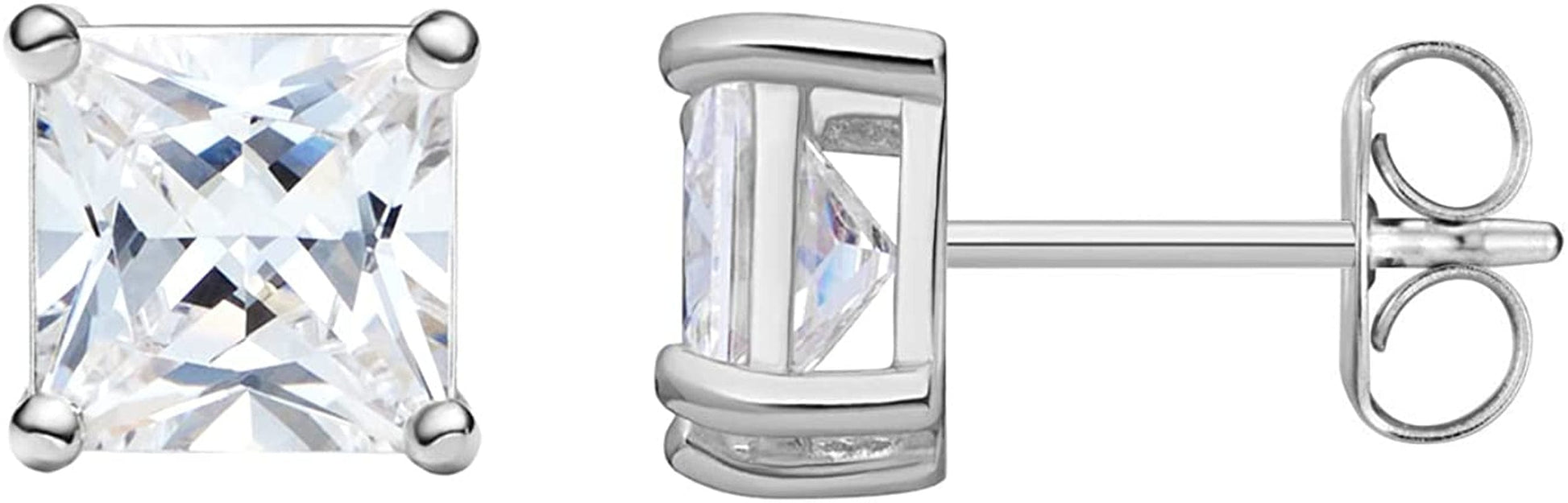 Essentials Plated Sterling Silver Cubic Zirconia Stud Earrings (Round & Princess) Silver/White / Princess Cut / 6.5mm