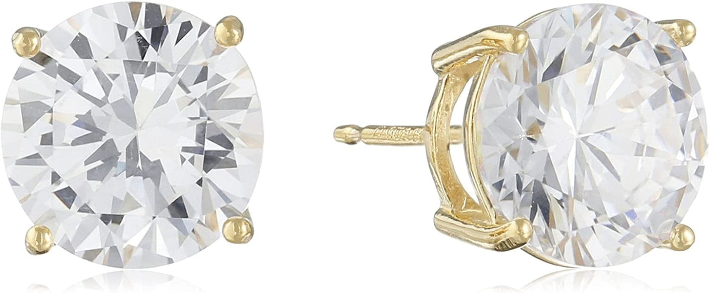 Essentials Plated Sterling Silver Cubic Zirconia Stud Earrings (Round & Princess) Yellow Gold/White / Round Cut / 8.5mm