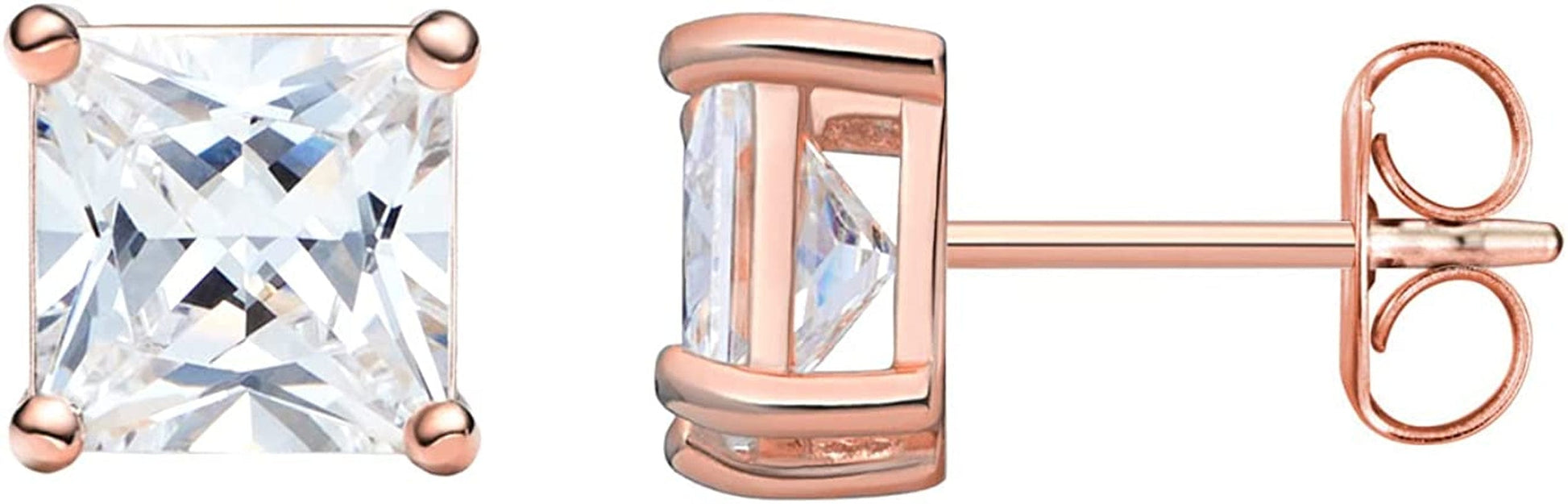 Essentials Plated Sterling Silver Cubic Zirconia Stud Earrings (Round & Princess) Rose Gold/White / Princess Cut / 6.5mm