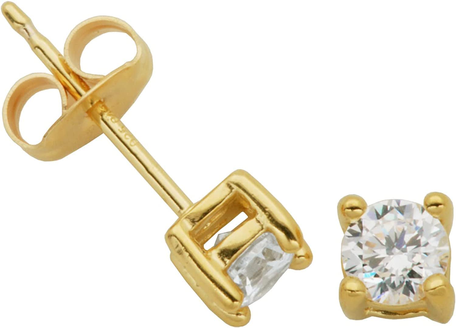 Essentials Plated Sterling Silver Cubic Zirconia Stud Earrings (Round & Princess) Yellow Gold/White / Round Cut / 4mm