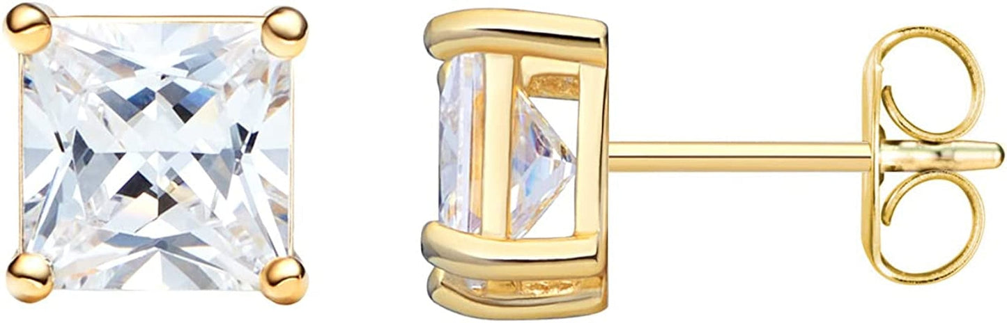 Essentials Plated Sterling Silver Cubic Zirconia Stud Earrings (Round & Princess) Yellow Gold/White / Princess Cut / 6.5mm