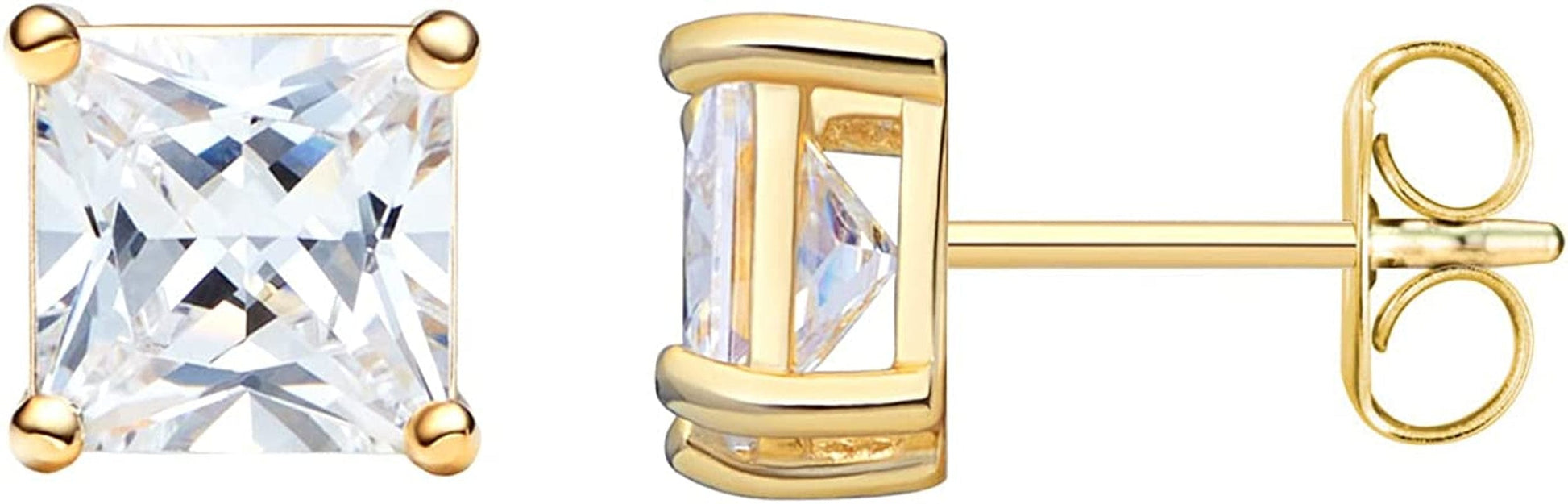 Essentials Plated Sterling Silver Cubic Zirconia Stud Earrings (Round & Princess) Yellow Gold/White / Princess Cut / 6.5mm