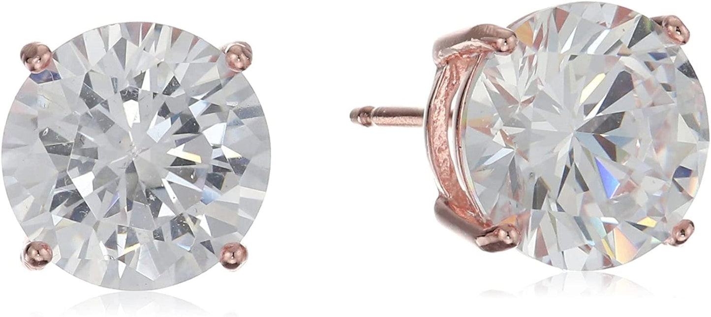 Essentials Plated Sterling Silver Cubic Zirconia Stud Earrings (Round & Princess) Rose Gold/White / Round Cut / 8.5mm