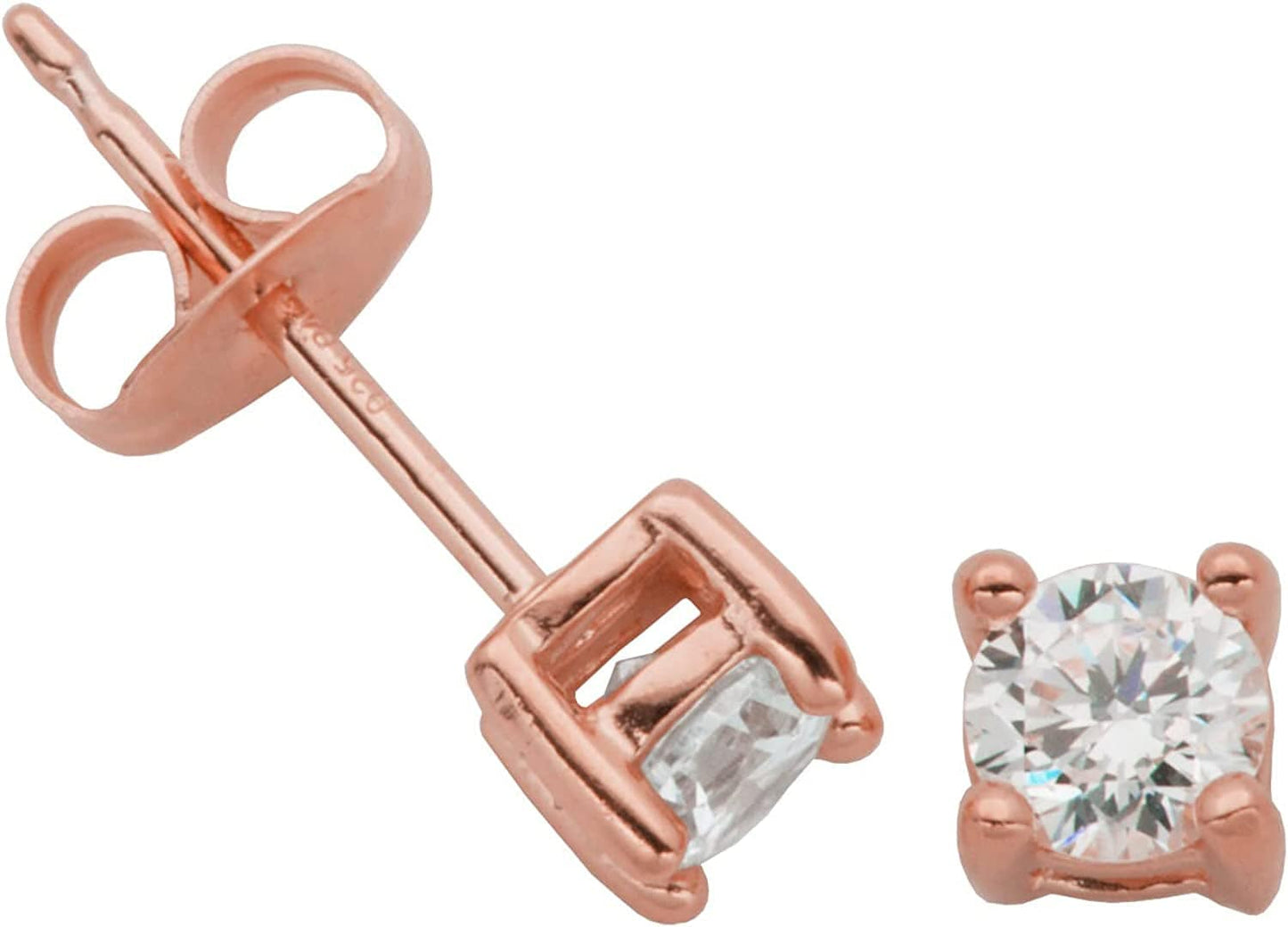 Essentials Plated Sterling Silver Cubic Zirconia Stud Earrings (Round & Princess) Rose Gold/White / Round Cut / 4mm