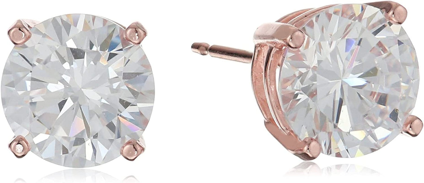 Essentials Plated Sterling Silver Cubic Zirconia Stud Earrings (Round & Princess) Rose Gold/White / Round Cut / 8mm