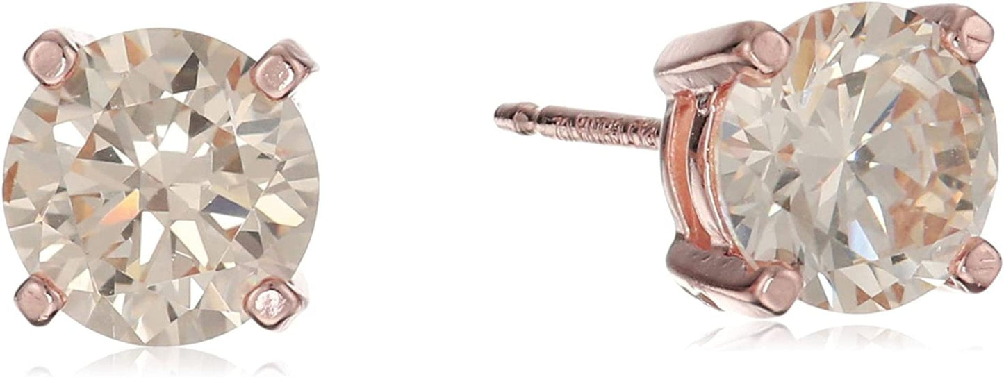 Essentials Plated Sterling Silver Cubic Zirconia Stud Earrings (Round & Princess) Rose Gold/Champagne / Round Cut / 6.5mm
