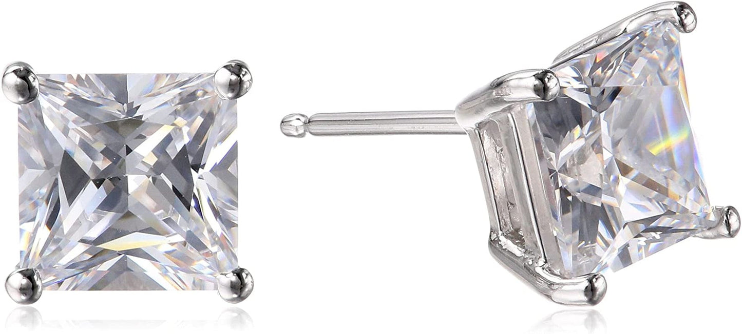 Essentials Plated Sterling Silver Cubic Zirconia Stud Earrings (Round & Princess) Silver/White / Princess Cut / 7mm