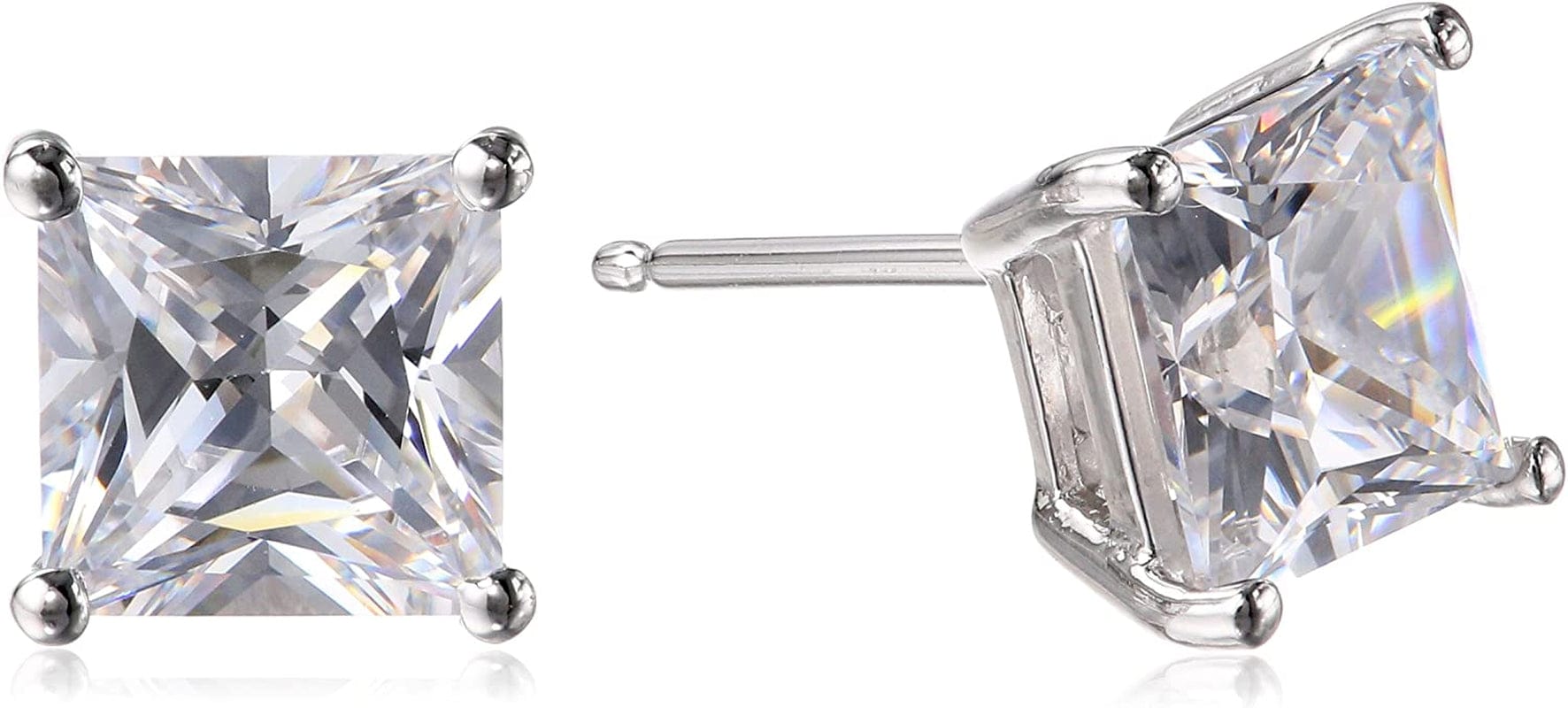 Essentials Plated Sterling Silver Cubic Zirconia Stud Earrings (Round & Princess) Silver/White / Princess Cut / 7mm