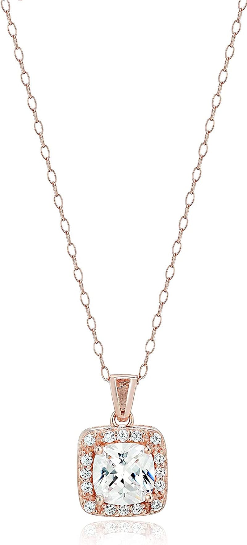 Essentials Sterling Silver Cubic Zirconia Halo Pendant Necklace (Round & Princess) Rose Gold Plated Sterling Silver / Princess Halo