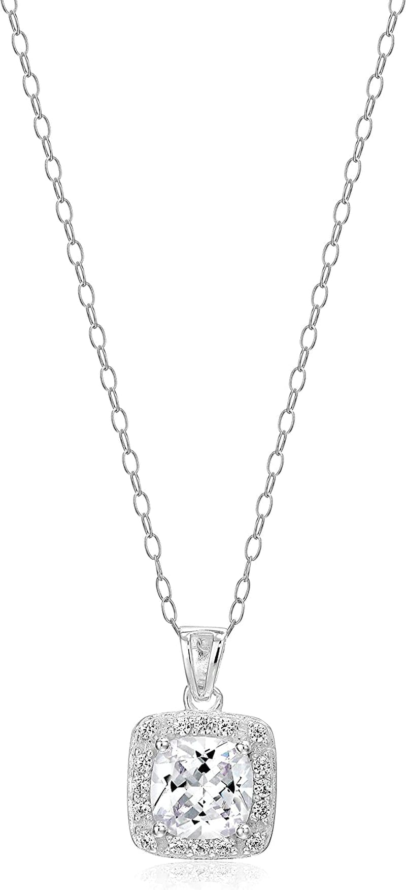 Essentials Sterling Silver Cubic Zirconia Halo Pendant Necklace (Round & Princess) Sterling Silver / Princess Halo