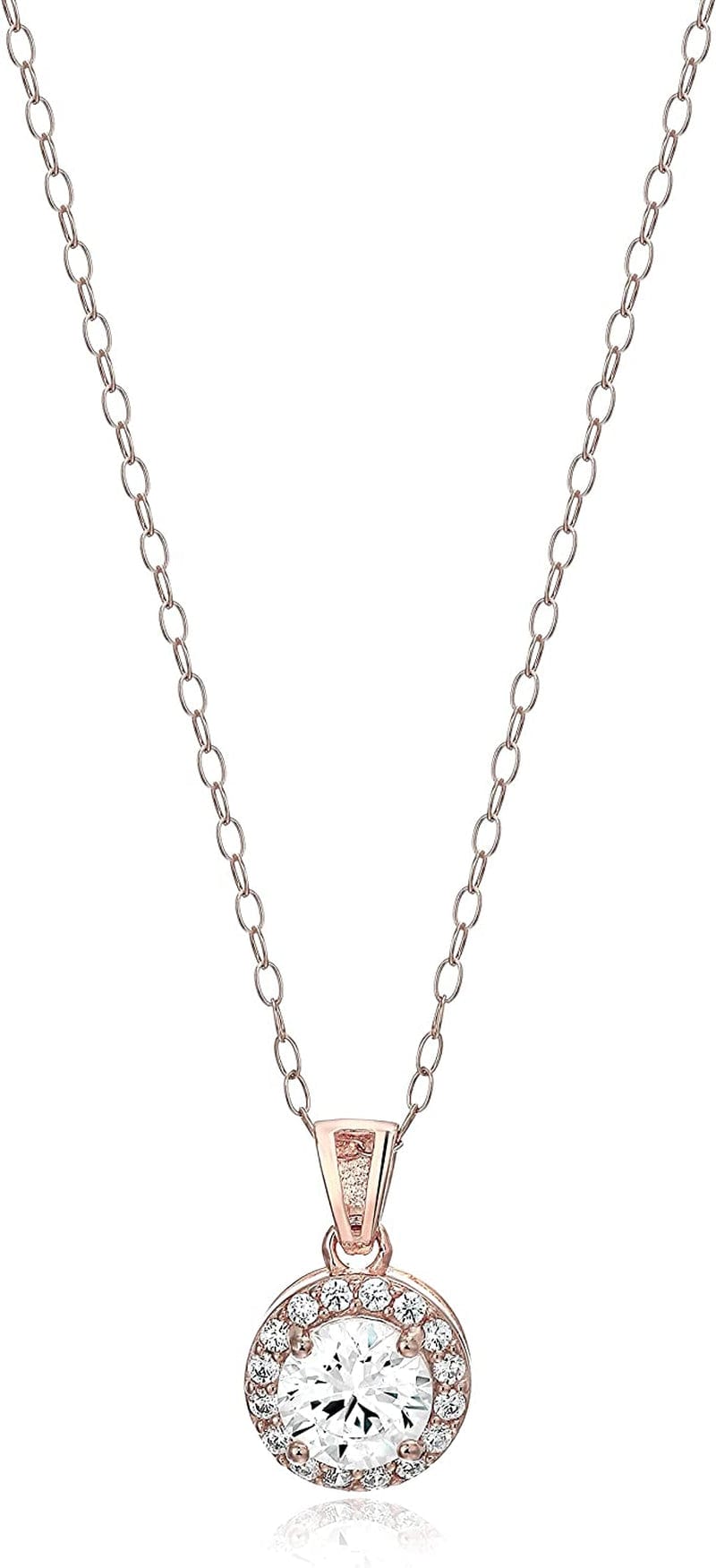 Essentials Sterling Silver Cubic Zirconia Halo Pendant Necklace (Round & Princess) Rose Gold Plated Sterling Silver / Round Halo