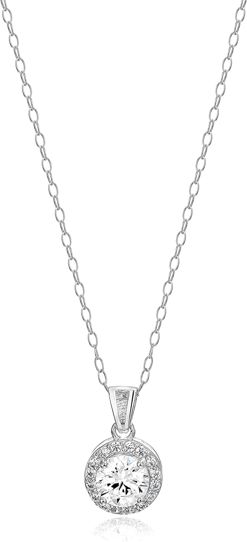 Essentials Sterling Silver Cubic Zirconia Halo Pendant Necklace (Round & Princess) Sterling Silver / Round Halo
