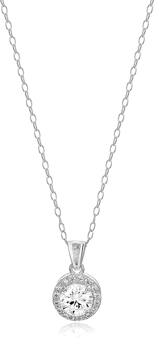 Essentials Sterling Silver Cubic Zirconia Halo Pendant Necklace (Round & Princess) Sterling Silver / Round Halo