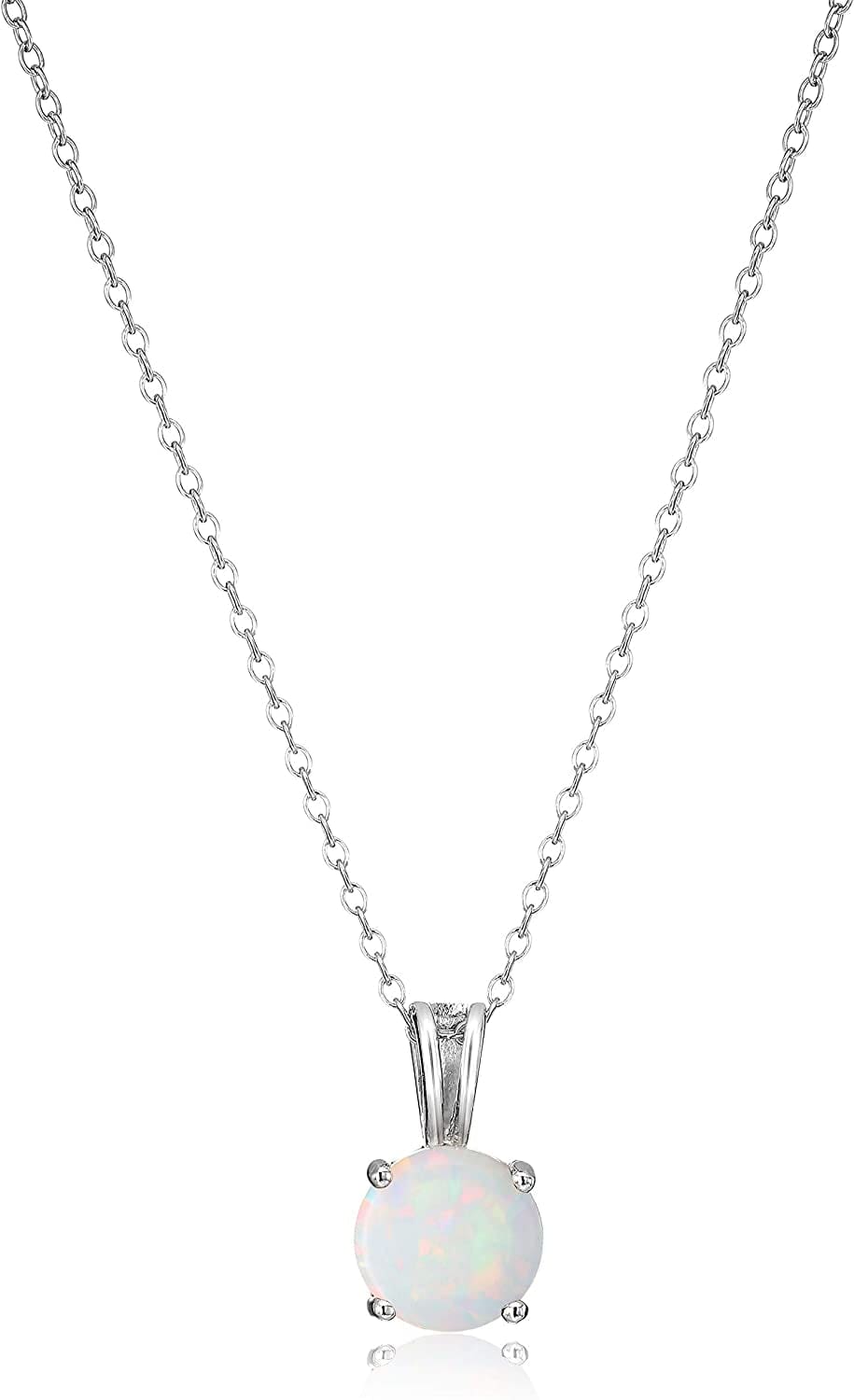Essentials Sterling Silver Genuine or Created round Cut Birthstone Pendant Necklace, 18" October - Created Opal