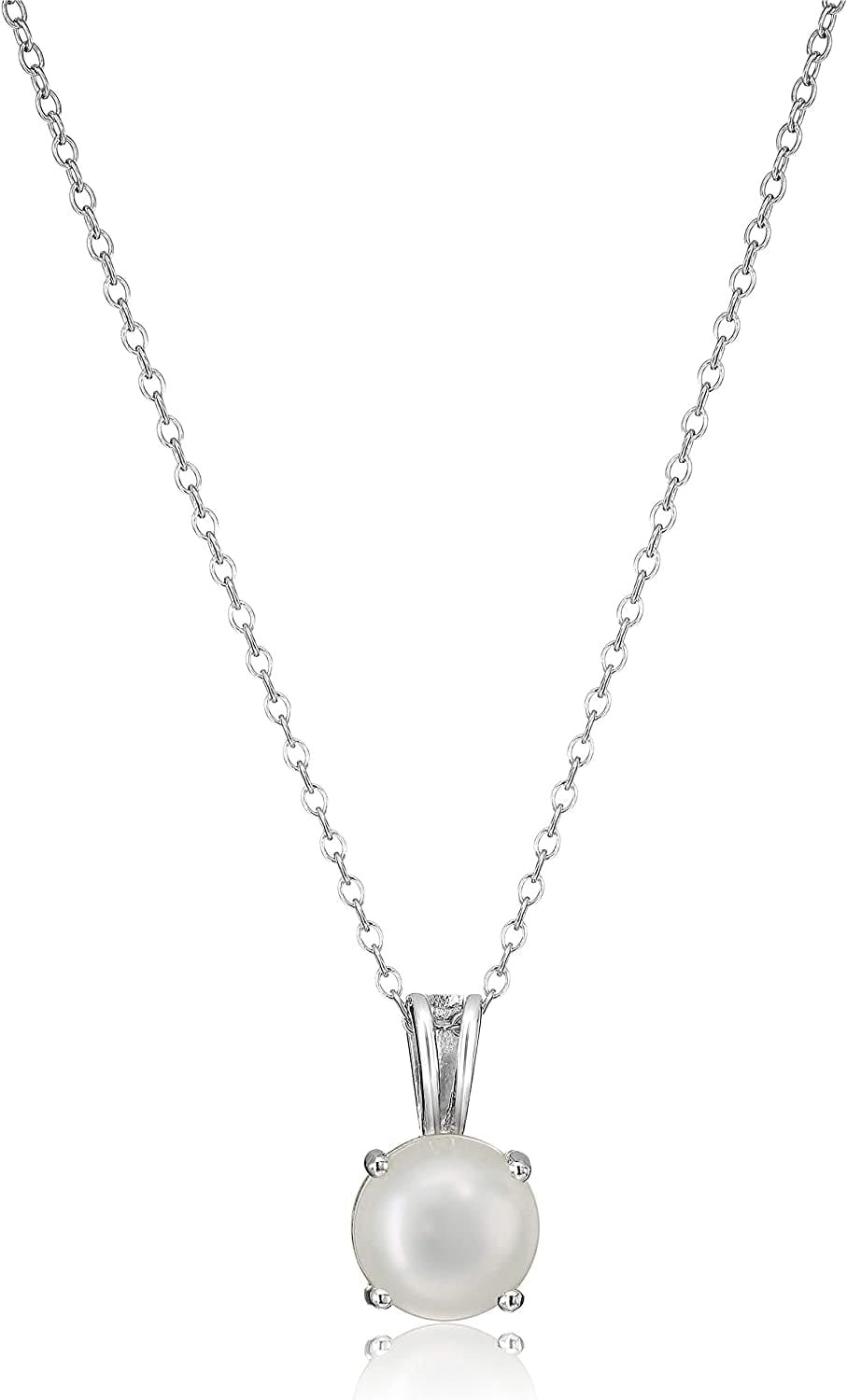 Essentials Sterling Silver Genuine or Created round Cut Birthstone Pendant Necklace, 18" June - Genuine Pearl