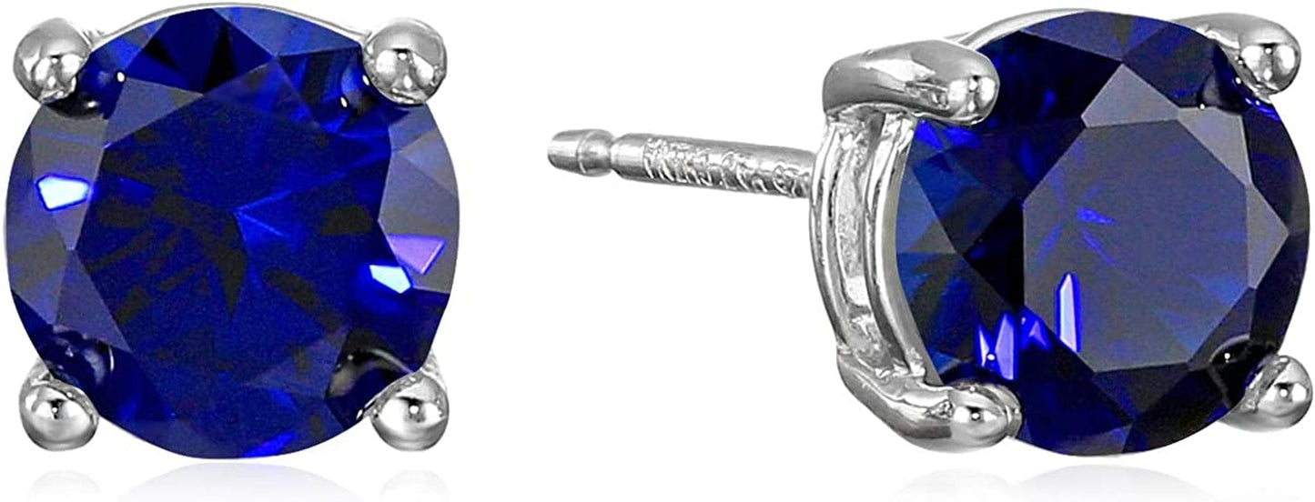 Essentials Sterling Silver Genuine or Created round Cut Birthstone Stud Earrings September - Created Blue Sapphire