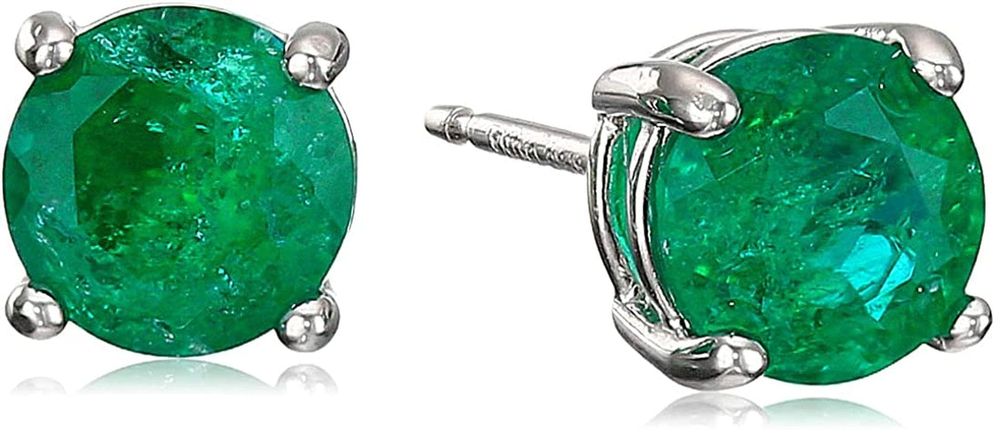 Essentials Sterling Silver Genuine or Created round Cut Birthstone Stud Earrings May - Created Emerald