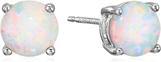 Essentials Sterling Silver Genuine or Created round Cut Birthstone Stud Earrings October- Created Opal