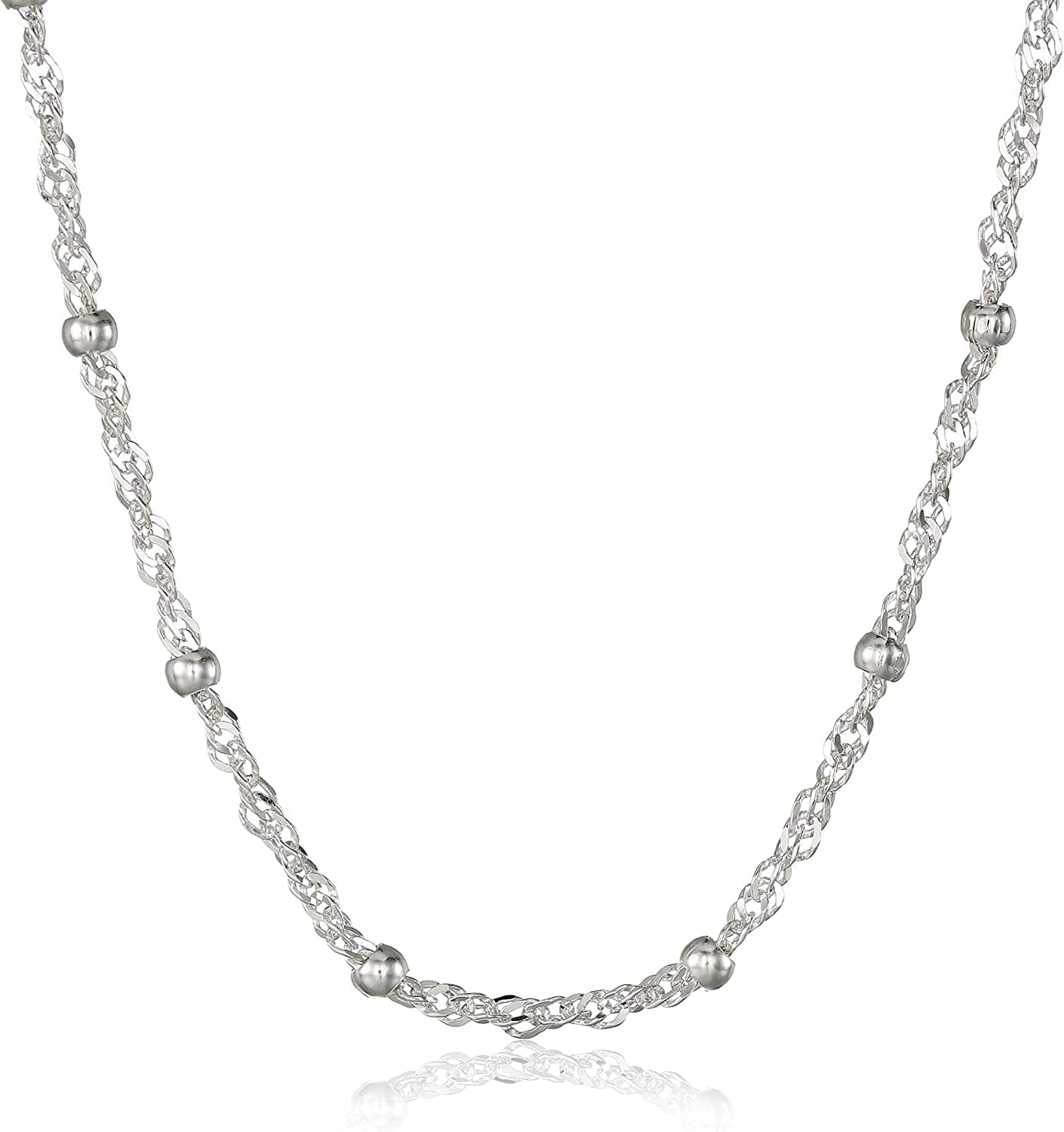 Essentials Sterling Silver Singapore Bead Chain Station Necklace 24"