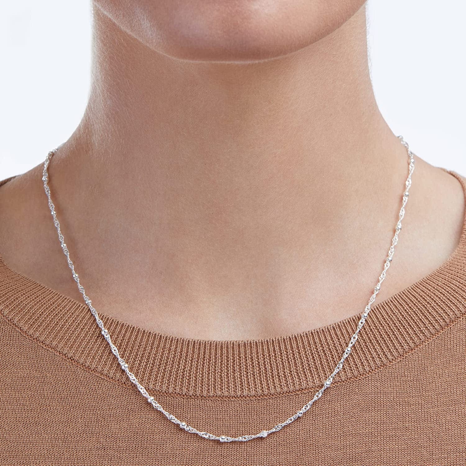 Essentials Sterling Silver Singapore Bead Chain Station Necklace
