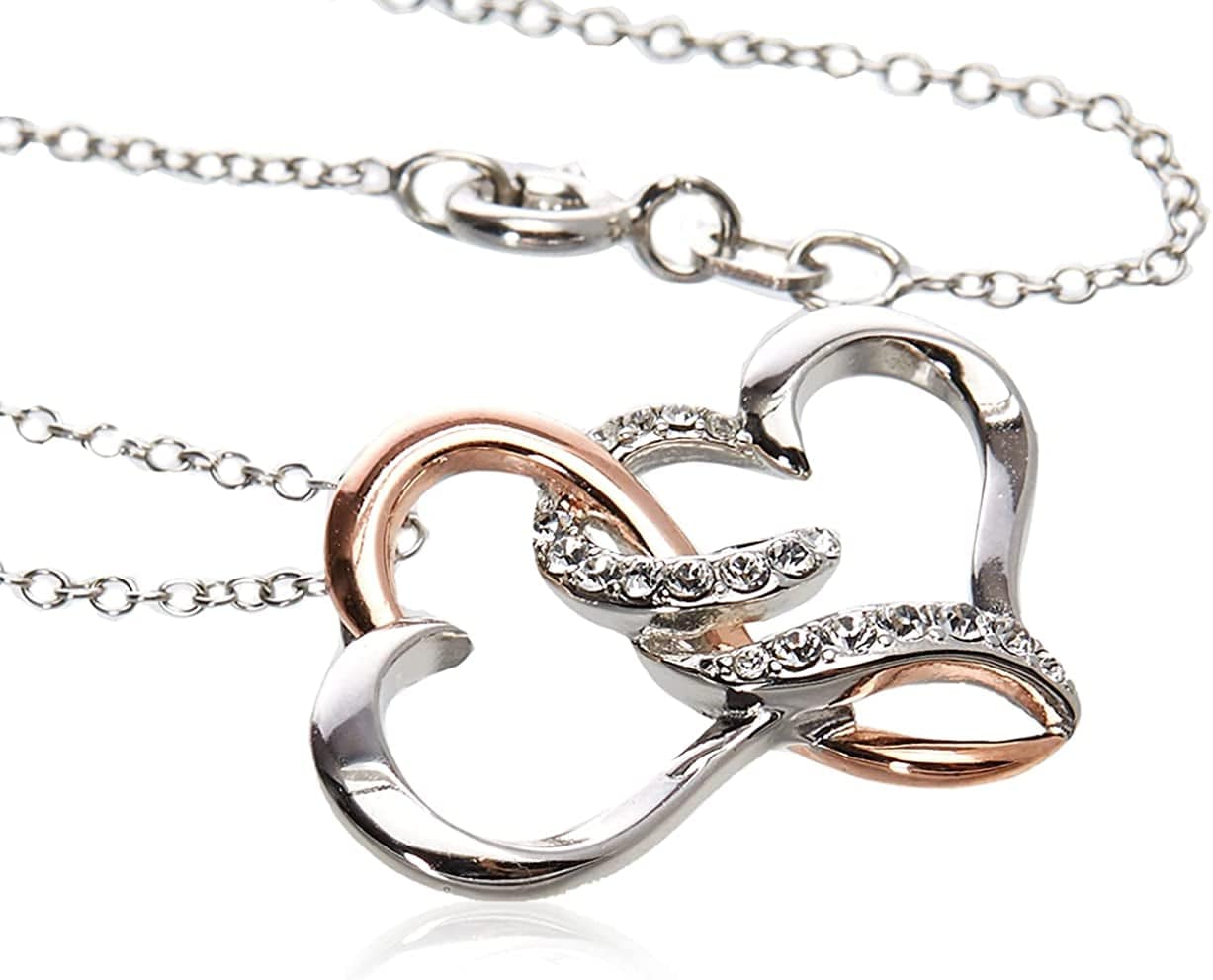Essentials Sterling Silver Two Tone Double Heart Pendant Necklace Made with Swarovski Crystal (18")