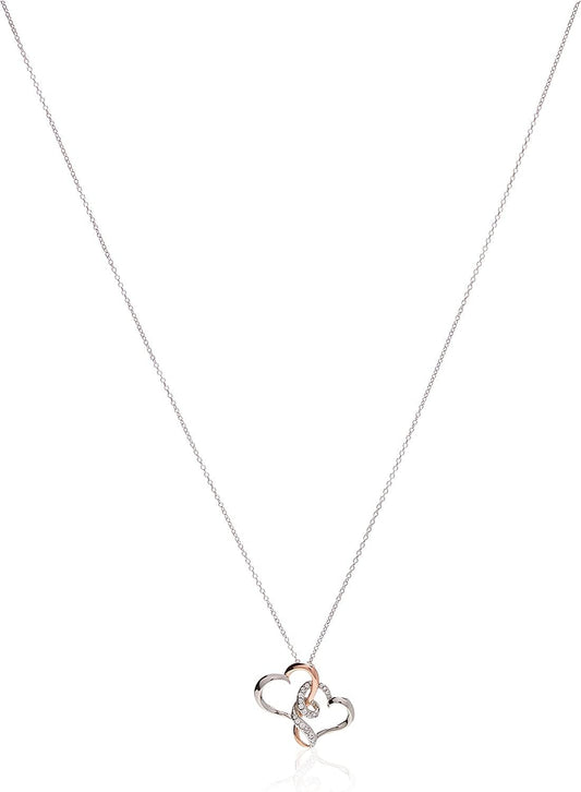 Essentials Sterling Silver Two Tone Double Heart Pendant Necklace Made with Swarovski Crystal (18")
