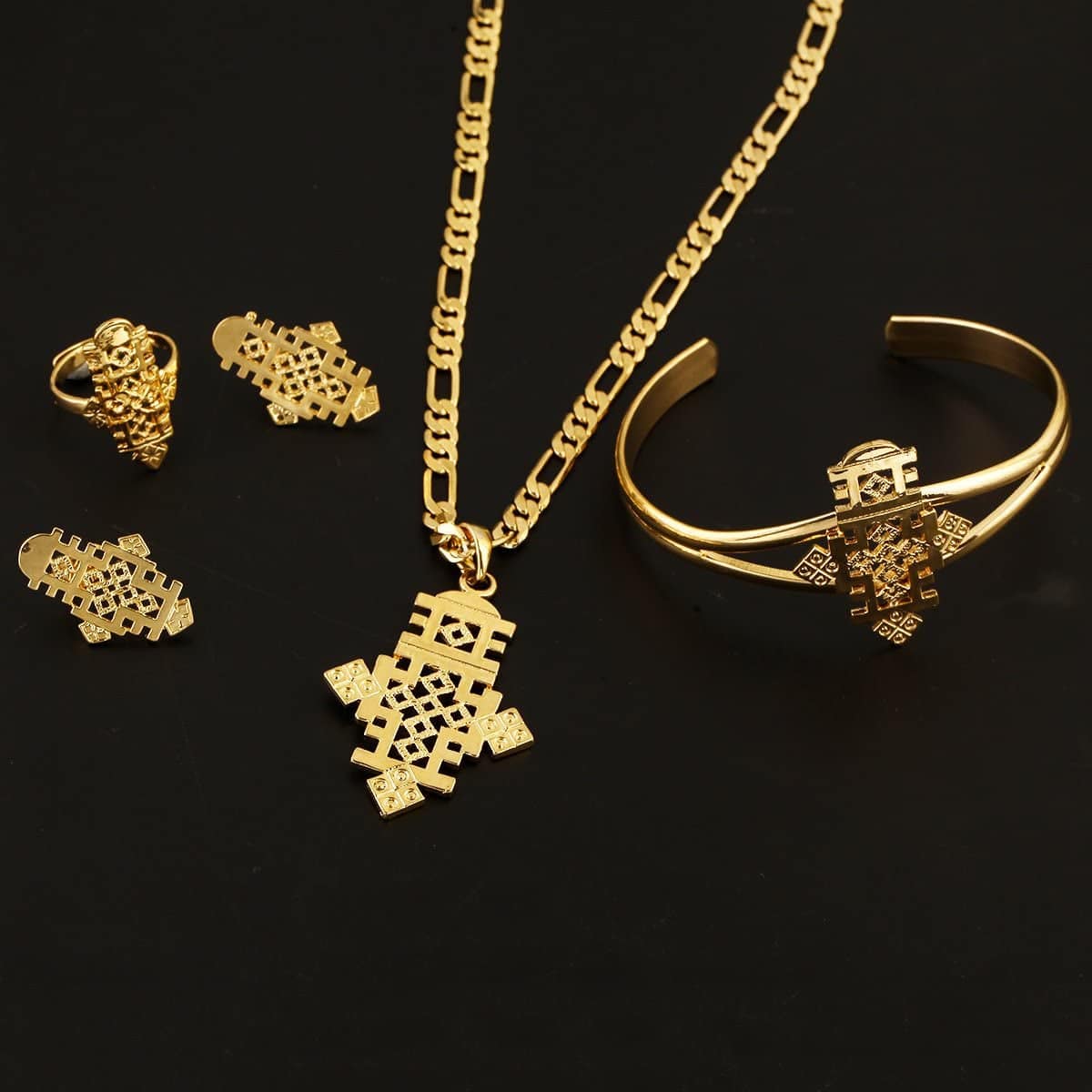 Ethiopian Jewelry Pendant Necklace Chain Earrings Bangle Ring Set Coptic Crosses African Cross