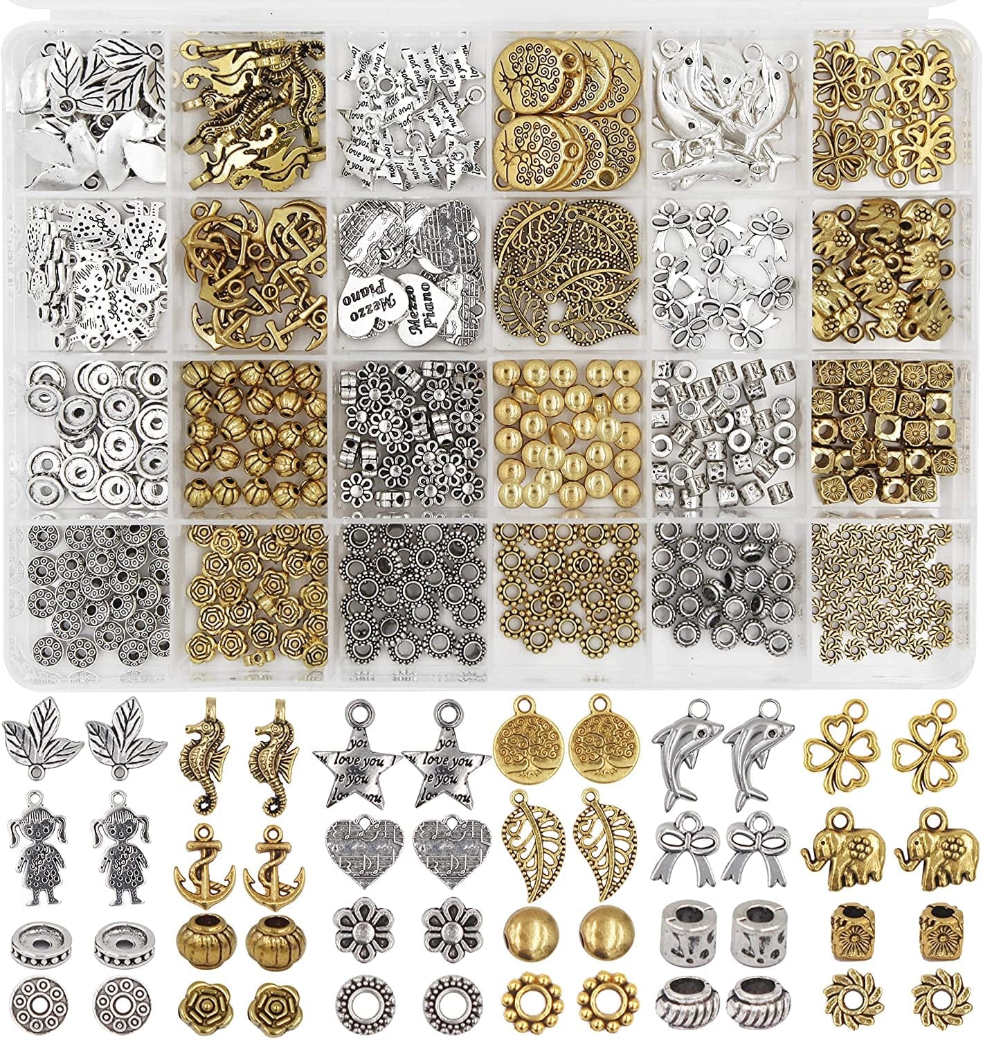 Eutenghao Beads Charms Pendants and Spacer Beads for Jewelry Making 420Pcs 24 Styles Jewelry Making Charms Spacer Pendants for Bracelets Necklace and Crafting (Gold, Bronze, and Silver 3 Colors) Silver and Gold
