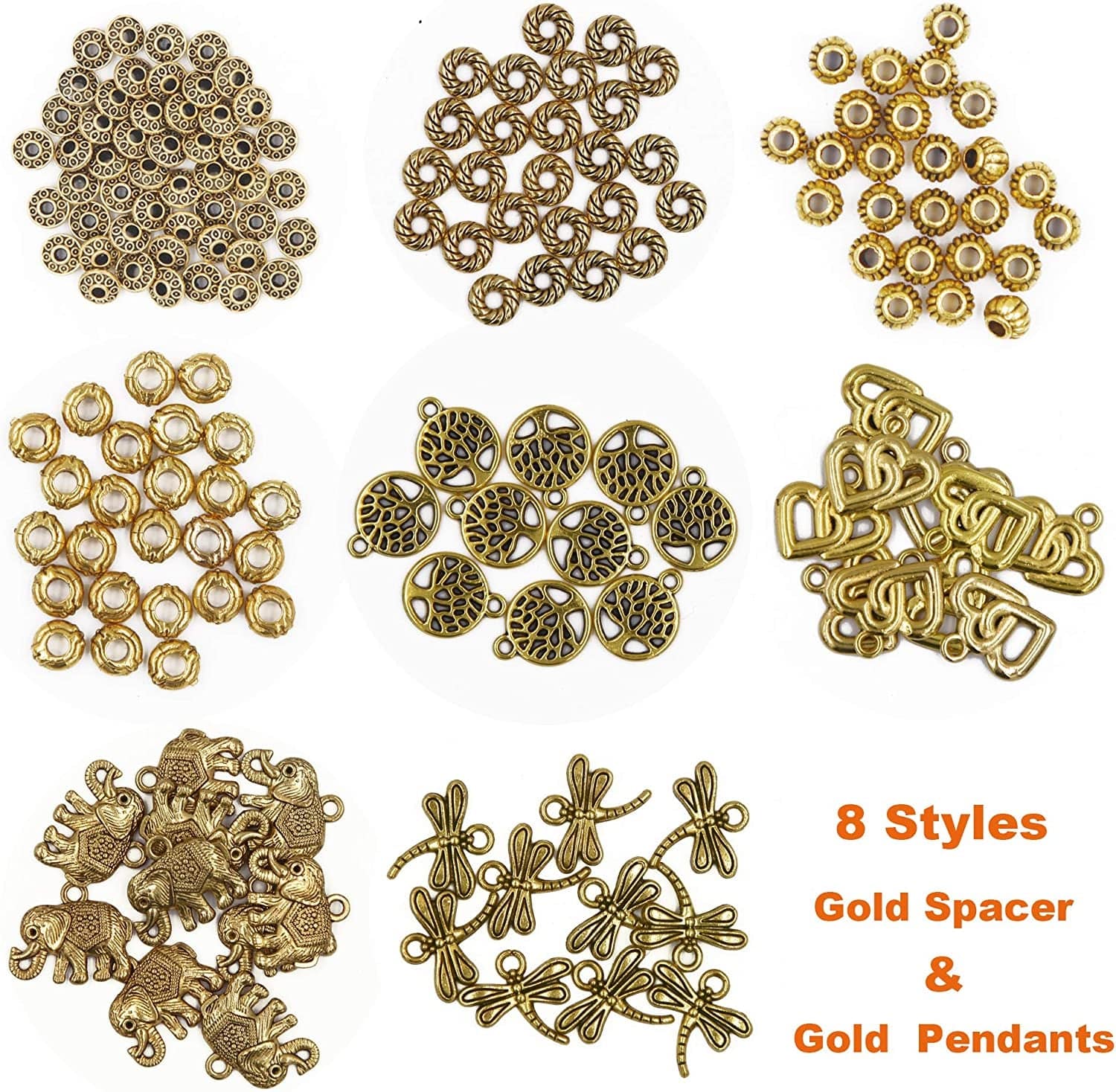 Eutenghao Beads Charms Pendants and Spacer Beads for Jewelry Making 420Pcs 24 Styles Jewelry Making Charms Spacer Pendants for Bracelets Necklace and Crafting (Gold, Bronze, and Silver 3 Colors)