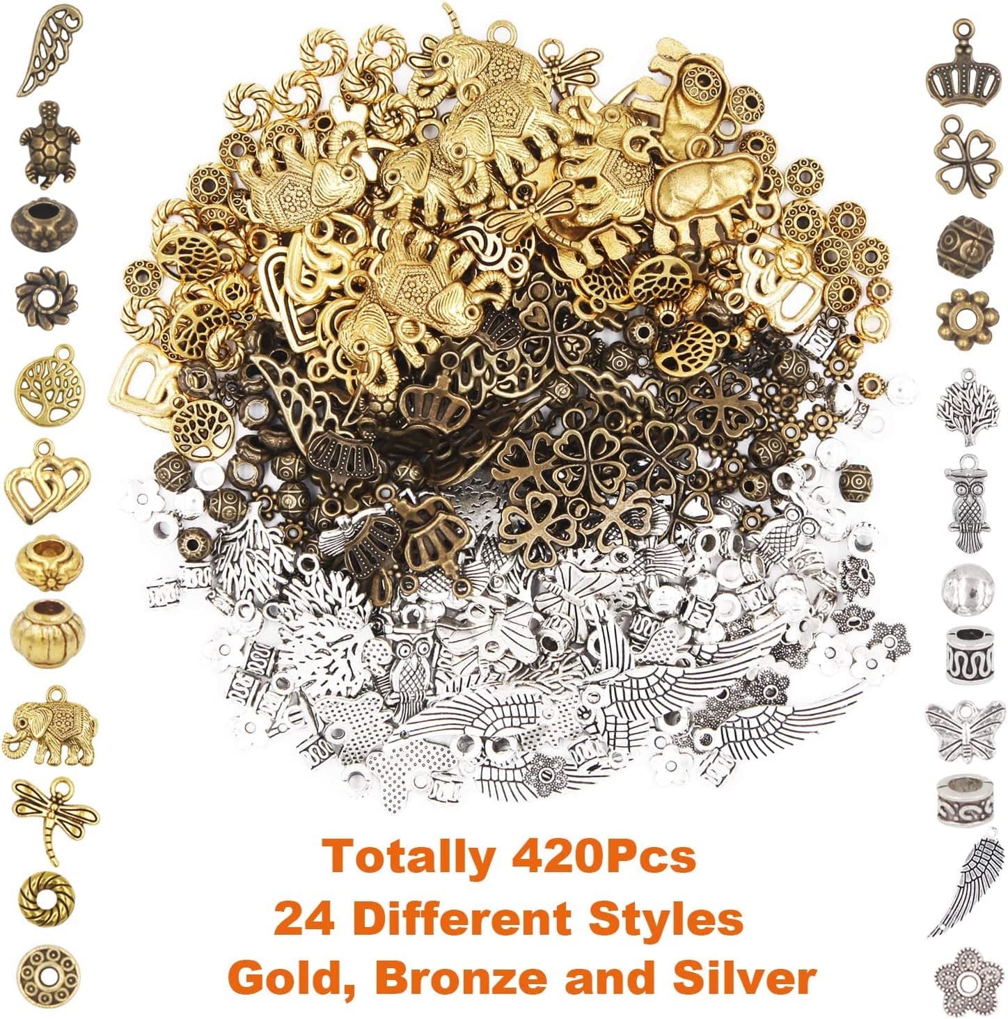 Eutenghao Beads Charms Pendants and Spacer Beads for Jewelry Making 420Pcs 24 Styles Jewelry Making Charms Spacer Pendants for Bracelets Necklace and Crafting (Gold, Bronze, and Silver 3 Colors)