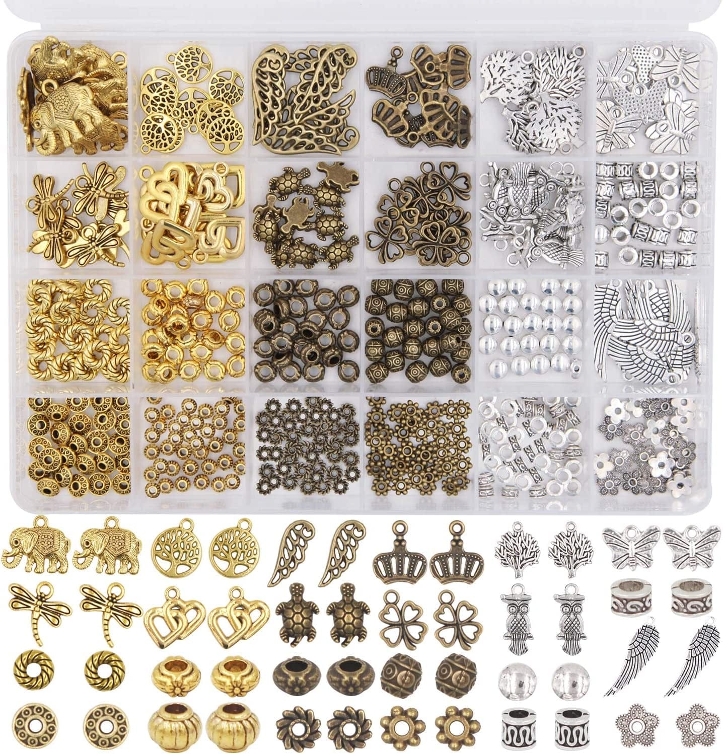 Eutenghao Beads Charms Pendants and Spacer Beads for Jewelry Making 420Pcs 24 Styles Jewelry Making Charms Spacer Pendants for Bracelets Necklace and Crafting (Gold, Bronze, and Silver 3 Colors) Gold, Bronze, and Silver