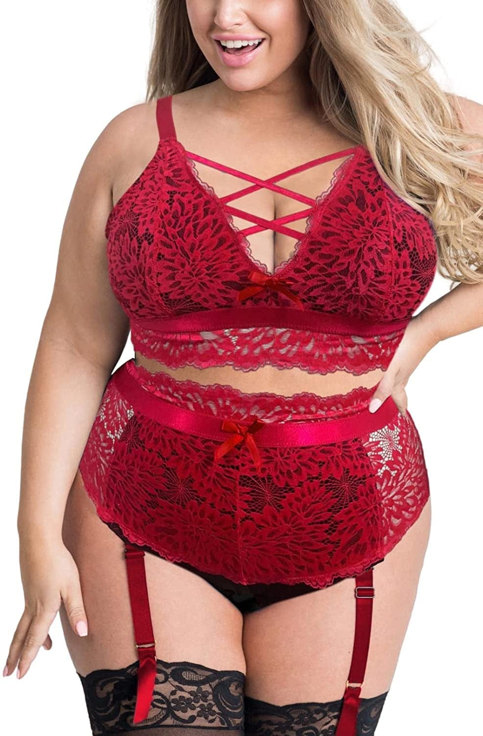 EVELUST plus Size Lingerie for Women - Sexy Luxe Criss-Cross Bra Lace Cup Classic Underwear High Waisted Suspender Set Red Black / Large