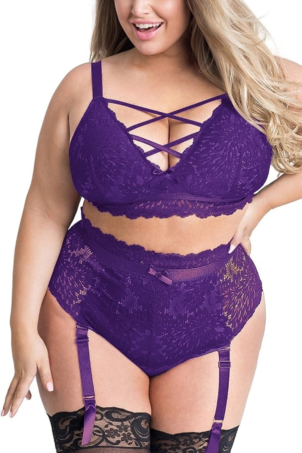 EVELUST plus Size Lingerie for Women - Sexy Luxe Criss-Cross Bra Lace Cup Classic Underwear High Waisted Suspender Set Purple / XX-Large