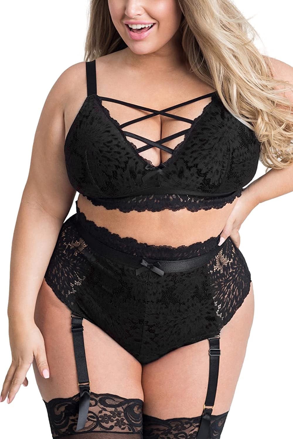 EVELUST plus Size Lingerie for Women - Sexy Luxe Criss-Cross Bra Lace Cup Classic Underwear High Waisted Suspender Set Black / XX-Large